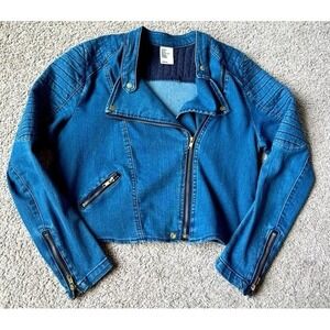 H&M Divided Denim Moto Jacket Asymmetric Biker Jean Jacket Blue Ribbed Detail 10